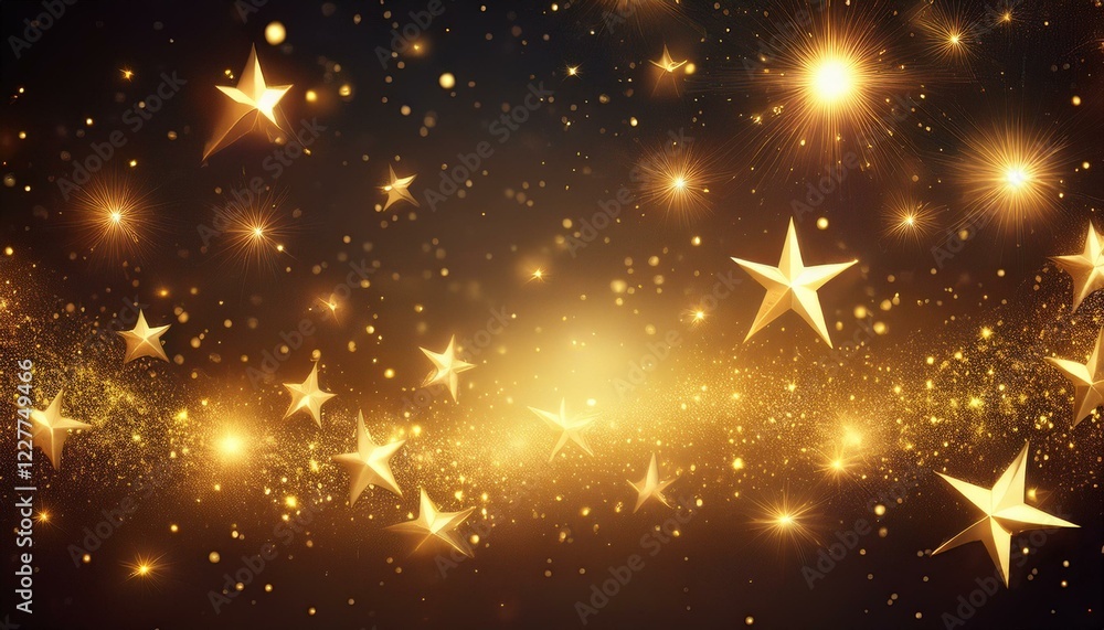 Wall mural bright golden stars shining in a dark space background with sparkling particles creating a magical a