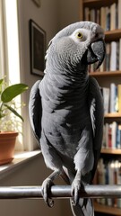  a majestic grey parrot perched elegantly in a sunlit room