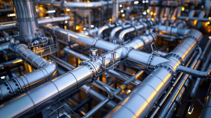 Intricate network of metallic pipes and valves in an industrial facility with glowing lights