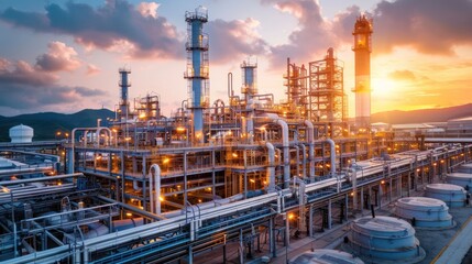 Industrial complex at sunset with pipes and tanks, showcasing energy production and technology