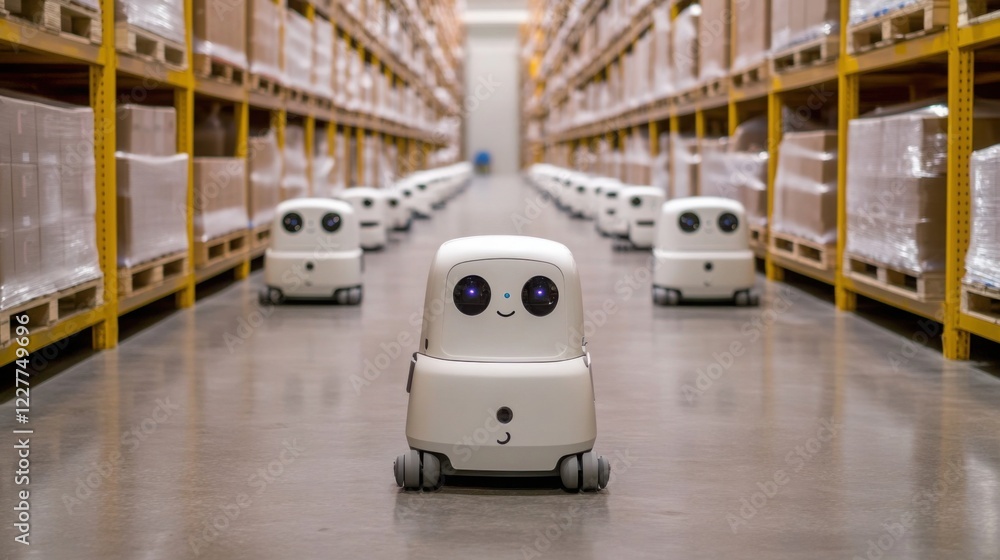 Poster image of autonomous robots moving pallets in a smart warehouse
