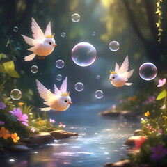 Fairy Birds in Harmony with magical bubbles floating over the river
