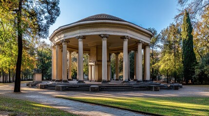 Obraz premium Majestic Temple in Autumnal Park: A Serene Vista