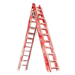 Creative Depiction of a Red Ladder Standing Upright Against a Plain Background in an Artistic Style