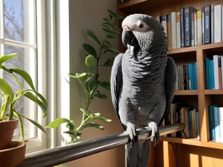  a curious gray parrot perched in a sunlit living room