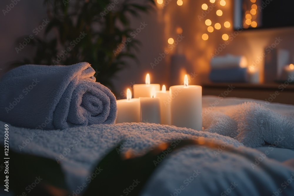 Poster relaxing spa setup with candles and soft towels in a cozy environment