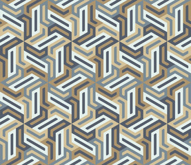 Seamless repeating pattern with an abstract geometric design of multicolored interlocking rectangular shapes arranged in hexagonal spirals. Modern style and subtle vintage colors.Vector illustration.