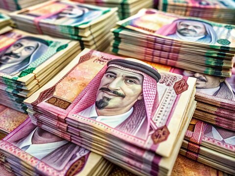 Close-up Documentary Shot of a Stack of Qatari Riyal Banknotes, Showing Detail and Texture