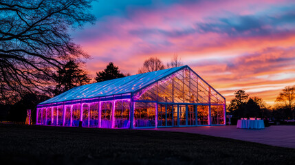 Fototapeta premium Magical Sunset Celebration: Illuminated Glass Pavilion at Dusk
