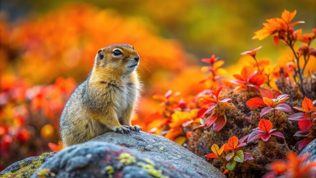 Vibrant fall foliage frames adorable Richardson's ground squirrels in their Arctic habitat.