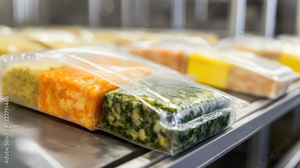 Poster colorful packaged cheese varieties displayed on a shelf in a grocery store setting