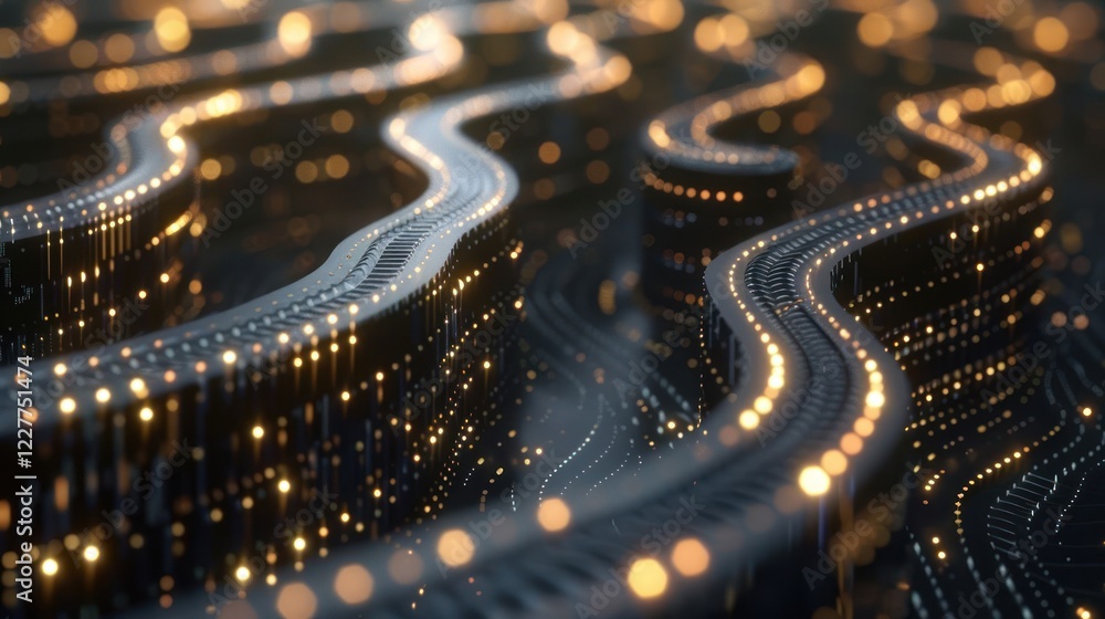 Poster abstract representation of flowing light trails in a digital landscape with glowing elements