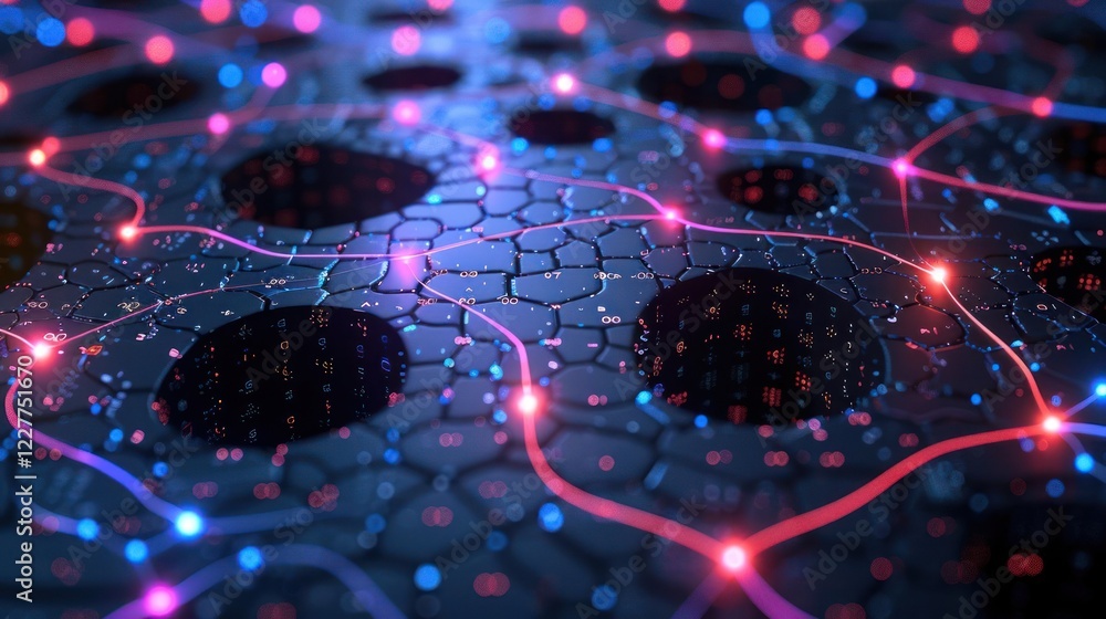 Poster abstract digital landscape with glowing nodes and interconnected lines in a dark environment