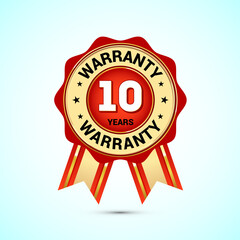 Advertising 10 years warranty gold and red color emblem, for label, icon, logo, badge, symbol, button