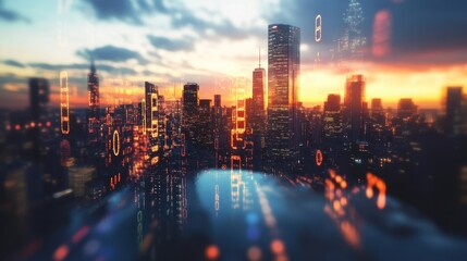 Binary code cascading over a futuristic cityscape at sunset, embodying the seamless fusion of technology and urban development in a vibrant, modern environment