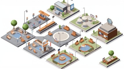 3D Isometric City Square Objects Set with Relaxation Zones and Entertainment