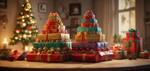 Fototapeta premium Presents arranged in a festive pyramid on a table, centerpiece, flowers, pyramid