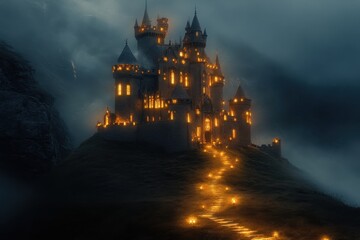 Fototapeta premium Mysterious castle illuminated at night amid fog and mist in a dark fantasy setting