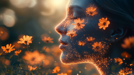 Ethereal face silhouette with glowing cosmos flowers emerging, representing inner beauty and spiritual awakening in nature