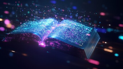 Open book made of digital binary code emitting glowing colorful particles and light in a dark background, representing digital knowledge, online education, and learning