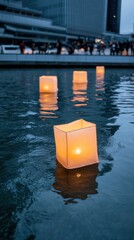 Glowing Lanterns Floating on Water at Evening Event Celebration