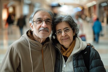 Fototapeta premium Portrait of a tender indian couple in their 50s sporting a comfortable hoodie in bustling shopping mall