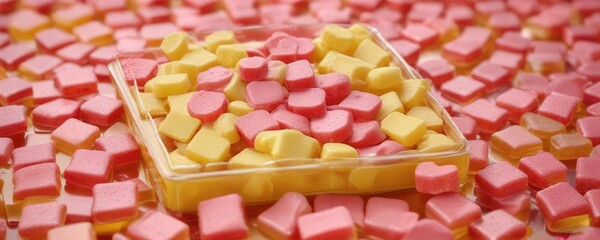 Pink and Yellow Gummies in a Square Shape Box, treats, desserts, pink