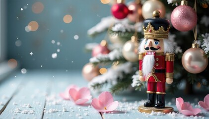 Pink and white petals fall from the branches of a festively decorated tree surrounding a wooden nutcracker, white petals, pastel, winter scene