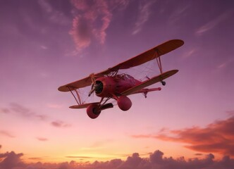 Pink and orange hues cast a warm glow on the curved fuselage of an old red biplane as it soars through the twilight sky, aeroplane, red biplane