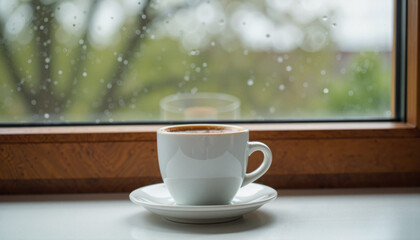 Obraz premium Coffee cup on rainy windowsill, calming reflection