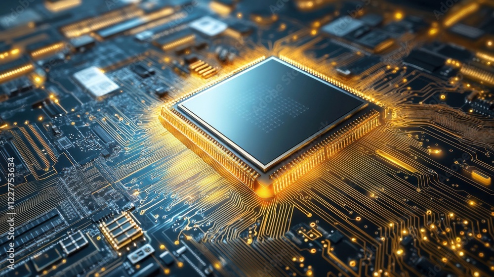 Poster a computer chip on a circuit board