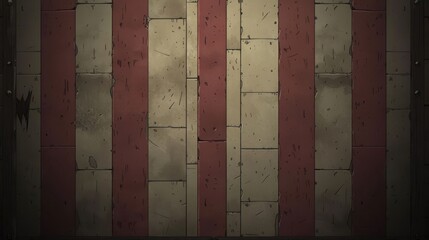 Weathered wooden wall with red and white stripes, showcasing rustic charm and texture