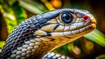 Fototapeta premium Close-up of a Forest Cobra's Head, Elegant Black and White Snake, Reptile Detail, Wild African Cobra, Venomous Snake Portrait