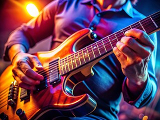 Naklejka premium Close-up of a hand passionately playing electric guitar, fingers blurring in motion, musical energy palpable.