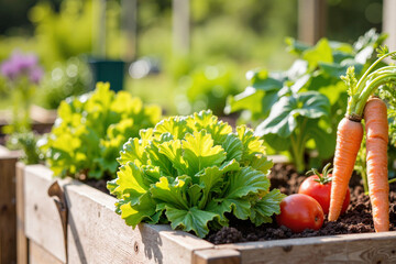 Vibrant vegetables growing in a wooden garden patch, sustainable living
