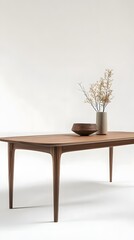 Fototapeta premium 30. A sleek wooden dining table with a natural finish and tapered legs, set on white