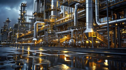 Industrial plant at dusk with illuminated pipelines and machinery reflecting on wet ground