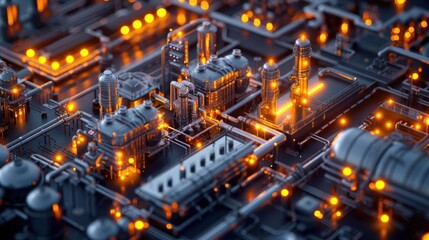 Aerial view of a futuristic industrial complex with glowing lights and intricate machinery
