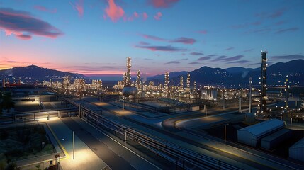 Industrial landscape at dusk with illuminated factories and mountains in the background