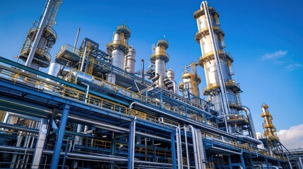 Industrial complex with towering structures under a clear blue sky, showcasing advanced technology