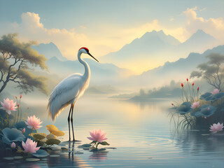 Serene Red-Crowned Crane with Pink Lotus Flowers in Misty Dawn Landscape