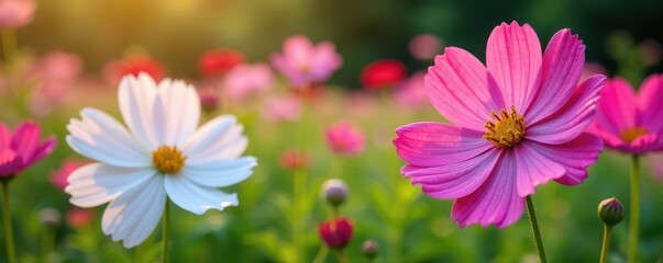 vibrant pink and white cosmos flowers blooming in a lush garden setting , cosmos flower, garden, blossom