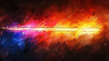 Vibrant abstract artwork featuring a glowing sword amidst a fiery cosmic background
