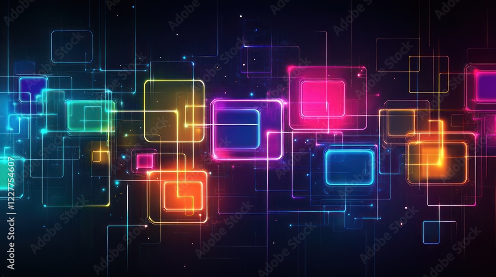 Poster abstract multicolored squares connected by lines, on a dark background for technology