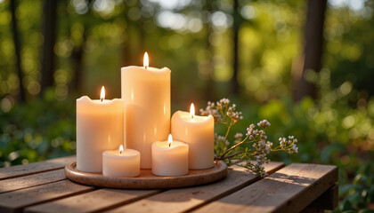 Warm outdoor candles illuminating wooden table in nature, cozy ambiance