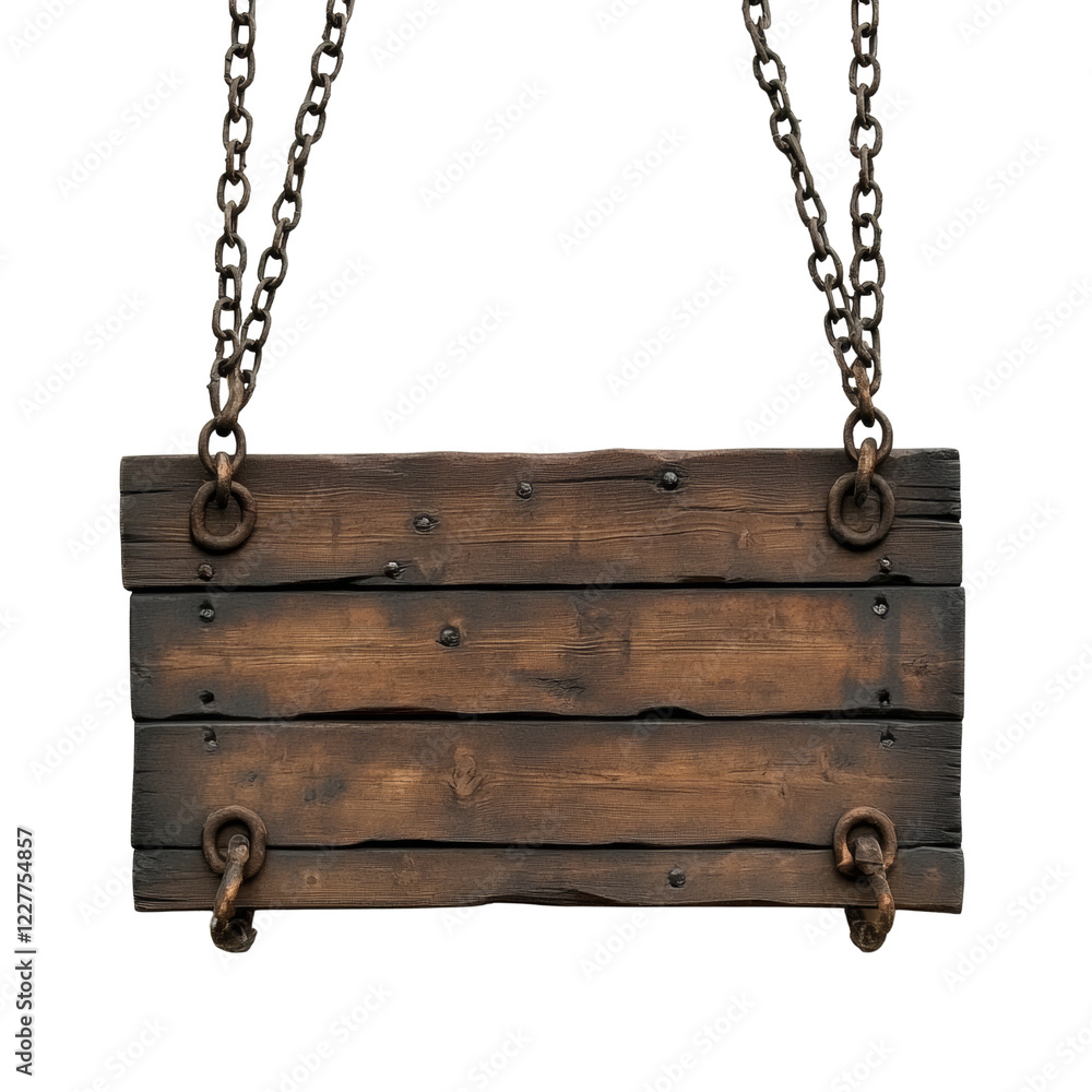 Leinwandbilder a rustic wooden sign hangs from two heavy chains, showing a weathered texture and blank surface idea