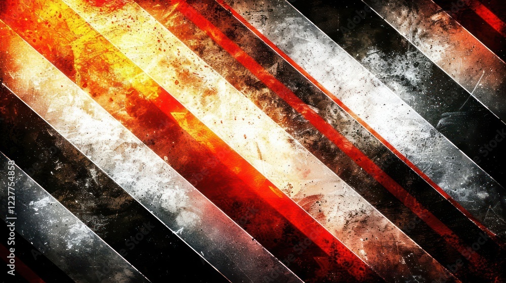 Poster abstract composition of diagonal stripes in fiery colors with a textured background