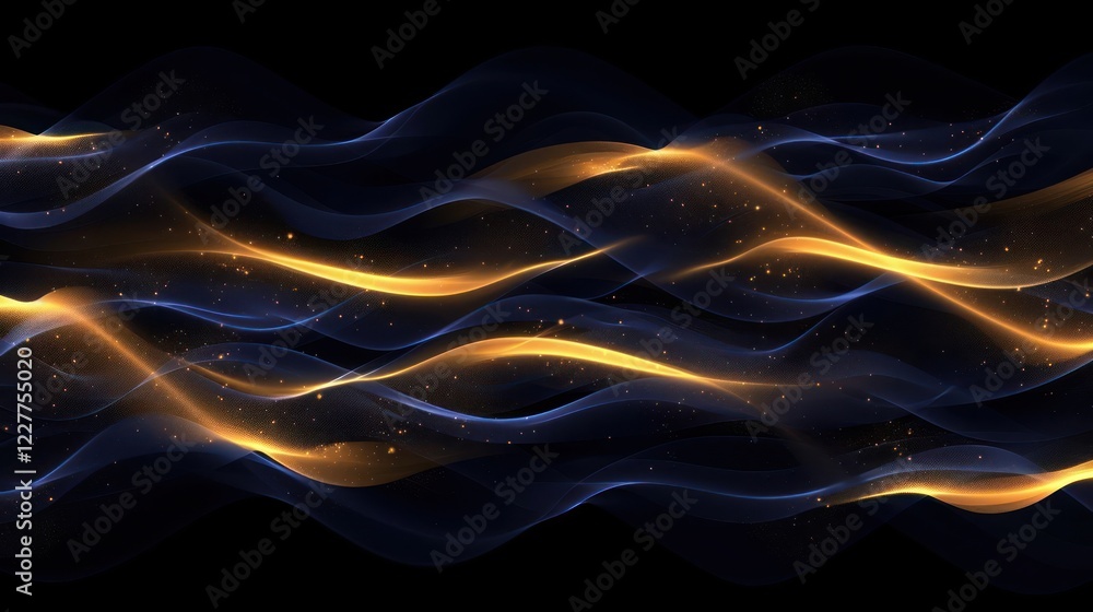 Poster abstract waves of blue and gold light flowing across a dark background, creating a dynamic visual ef