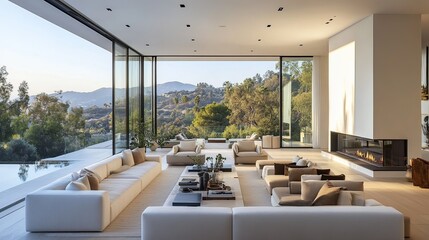 Fototapeta premium Modern living room, hillside view, sunrise, luxury home, interior design