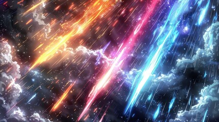 Naklejka premium Colorful cosmic display of vibrant streaks illuminating a stormy sky filled with clouds